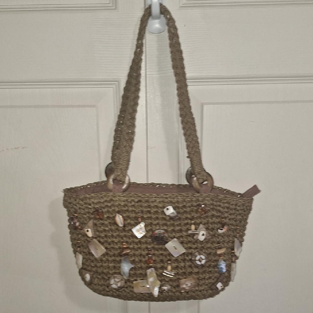 Vintage Capelli Woven Straw Shoulder Bag -Abalone Shells Embellished- Brown